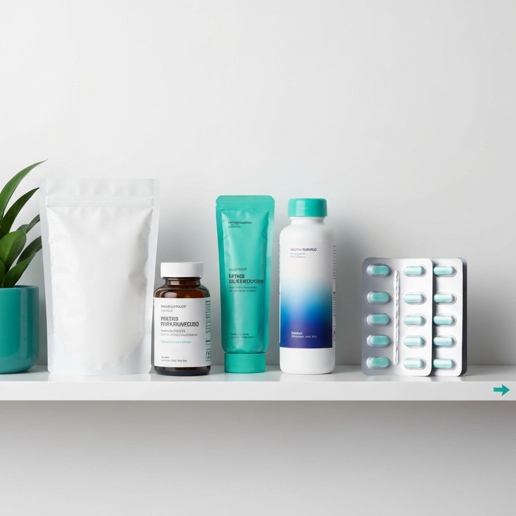 Variety of supplement formats including powder, capsules, and sachets